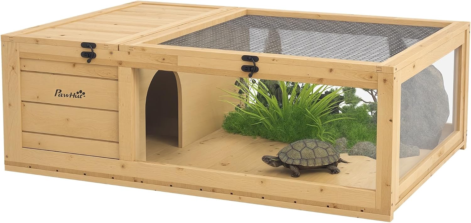 PawHut Casa para Tortugas de Madera, Terrario para Reptiles con Techo de Malla, Paneles Laterales Transparentes Extraíbles y Pestillo de Seguridad, Caseta para Tortugas, 91x60,5x32 cm, Natural