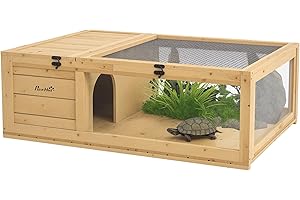 PawHut Maison enclos Cage Habitat pour Petit Animal Tortues avec 2 espaces 91 x 60,5 x 32 cm Bois Massif Jaune Clair