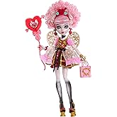 Monster High Pembe ve kırmızı parti elbisesi giyen Havalı Doğum G&uuml;n&uuml; Cupid Asteria bebek ve davetiye, balon, hediye gibi tema