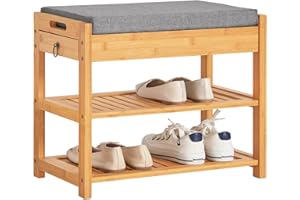 SoBuy Banc de Rangement Chaussures 3-en-1 en Bambou Massif avec Tiroir Secret + Siège Rembourré, pour Entrée Étroite/Dressing, L55xP30xH46cm, Naturel, FSR49-N