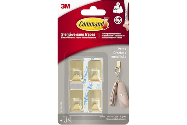 Command Crochet Déco Doré, Petit Modèle, 4 Crochets, 5 Languettes Transparentes - Sans Outils - Pour Accrocher et Décorer Sans Abîmer