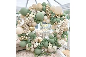 Sage Green Balloons Garland Arch Kit, 142PCS Sage Green Gold Beige Sand White with Gold Confetti Balloons in Different Sizes 5 10 12 18 Inch for Birthday Wedding Bridal Shower Boho Party Decorations