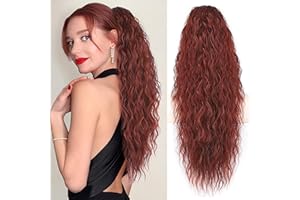 PORSMEER Koński ogon, treska, długa, 76 cm, ze ściągaczem, falowane, loki, przedłużenie włosów, czerwono-brązowe, naturalne włosy, kucyk, sztuczne włosy dla kobiet, afro, warkocz, przedłużenie włosów