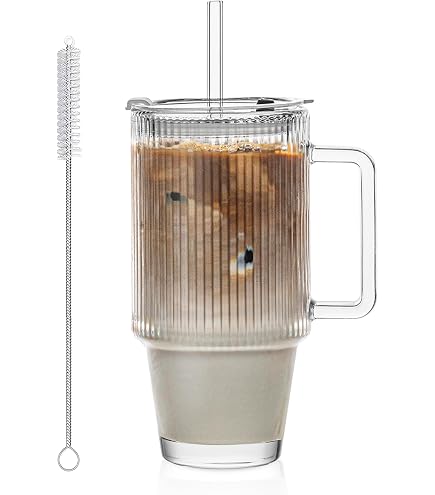 ONEHAUS Glasbecher 1,2 L Mit Deckel & Strohhalm - Borosilikatglas, Hitzebeständig, Mit Griff Für Auto, Camping