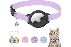 NOZLAID AirTag Cat Collar, Stretchy Kitten Collar with Apple Air Tag Holder and Bell, Breakaway Design Ultra Elastic GPS Tracking Cat Collar for Cats and Puppies (7.5"-12.5", Purple)
