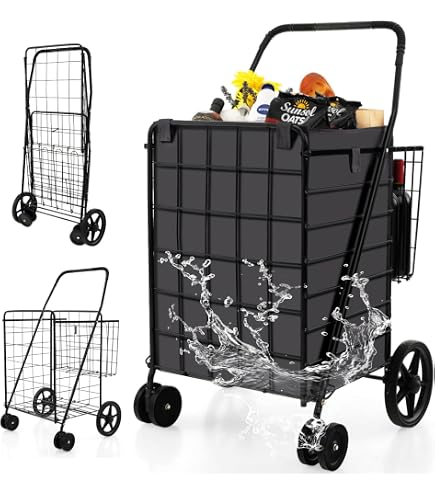 GYMAX Carrello Porta Spesa, Trolley Pieghevole a 4 Ruote, Carico di 45 kg, Capacità di 83 L, Cestino in Metallo, Bracciolo Antiscivolo, Compatto e Salvasapzio(M, Nero