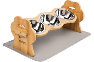 Bewahly Comedero Perro Elevado, 3X Cuenco Gato de Acero Inoxidable para Comida y Agua, Regulable Altura Soporte de Bambú con Antideslizante Alfombra, Comederos y Bebederos para Gatos y Perros Pequeño