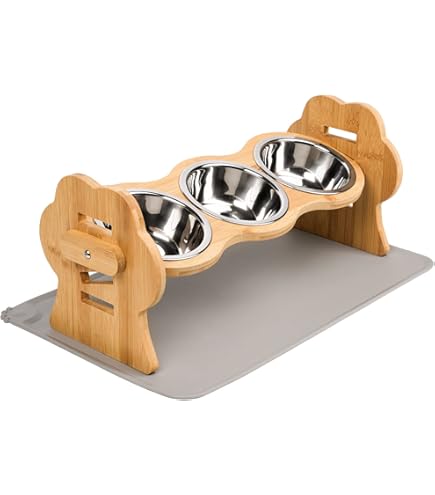 Ciotole Inclinate Per Gatti In Acciaio Inox - Set 3 Con Base In Legno E Tappetino Antiscivolo - Foto 11