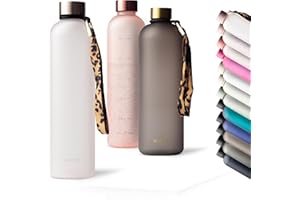 MAMEIDO butelka na wodę 1 l odpowiednia do napojów gazowanych, szczelna butelka z podziałką czasową, butelka na wodę wolna od BPA do sportu, na siłownię i do biura (Rosé Quartz)