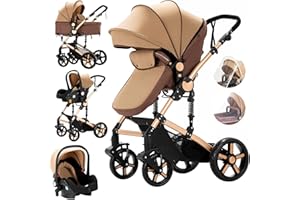 MoLi Carrito de Bebe 3 en 1, Carro Bebe 3 Piezas Plegado Conveniente con Un Solo Clic, Carrito Bebe con Modo de Doble Empuje Reversible, Cochecito Bebe 3 Piezas Paisaje Alto (588 Khaki New)