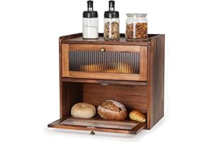 GUUSII HOME Chlebnik Duży pojemnik na chleb z drewna sosnowego Eco Chlebnik z drewna kuchennego Duży pojemnik na chleb 2-poziomowe pojemniki na chleb 36x24x34cm przechowywanie chleba (Brązowy, L)