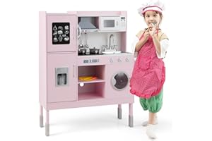 RELAX4LIFE Cucina Giocattolo in Legno per Bambini, Mini Cucina con Luci e Suoni Reali, Altezza Regolabile 97/101/103cm, Set di Cucina per Bambini 3-8 Anni (Lussuosa)