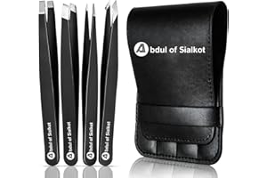 Abdul of Sialkot Eyebrow Tweezer Set for Women & Men,Professional Slant and Pointed Tweezers Set with Case,Precision Tweezers Kit for Facial Hair, Splinter and Ingrown Hair Removal ((Black 4 Piece))
