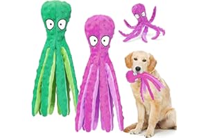 WanderGo Juguetes para perros morados y verdes – Paquete de 2 piezas de peluche de pulpo con papel arrugado, limpieza de dientes y duradero para perros grandes