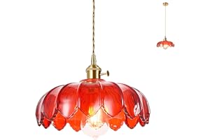 HJXDtech Lámpara Colgante de Cristal Vintage con Portalámparas E27 de Latón e Interruptor, Lámpara de Techo Ajustable en Forma de Loto para Isla de Cocina, Comedor y Sala de Estar (Rojo)