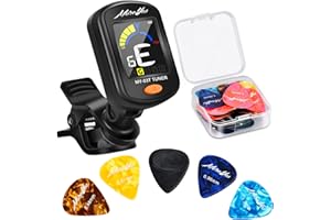 MOREYES Professional Guitar Tuner Clip On with 28Pcs Guitar Picks, Guitar Tuner for Acoustic Guitar, Electric Guitar, Bass, Ukulele & Chromatic Tuning Modes, Full Color Display, Rechargeable