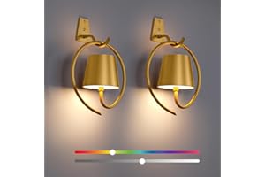 FAITHORSE Battery Operated Wall Lights, 2 Pack RGB Rechargeable Wall Light Indoor Cordless Wall Lamp, Dimmable Wireless LED Wall Lamps IP54 Waterproof Wall Sconce Lights for Bedroom, Living Room(Golden)