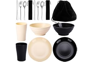 Kyraton set di posate da campeggio da 12 pezzi, bicchieri, piatti e ciotole in plastica e posate in acciaio inox con borsa nera, adatto per 2 persona in campeggio, lavabile in lavastoviglie