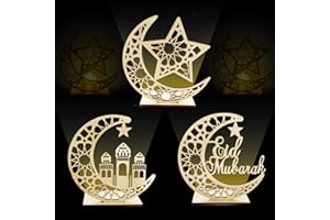 BARVERE Ramadan Dekoration LED Lamp, 3Pcs Eid Dekorationen, Eid Dekorationen Für Zu Hause Ramadan Handwerk Dekoration, Holz Tischdekoration Mondlampe