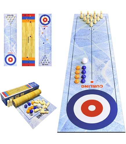 KBIBCK Jeu De Palets 3 En 1 – Curling, Bowling Et Shuffleboard – Tapis 81x18 Cm + Billes Et Quilles – Jeux De Société Familiaux – Dès 3 Ans (Surveillance)