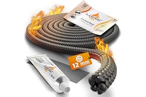 KAMINAT Ofen Dichtschnur - 2,5m Dichtschnur für Kaminofen - Feuerfestes Kamin Dichtband & Ofenrohr Dichtung - Hochwertige Kamin Dichtungsschnur inkl. Kleber - Dichtschnur Kaminofen Ø 12mm Breite