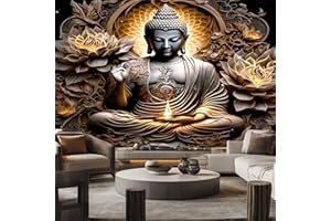 FENDROM Sitting Golden Buddha Tapestry Wall Hanging Buddhist Statue Tapestries Vintage Fire Lotus Meditation Wall Decor Zen Art Psychedelic Tapestry for Bedroom Living Room Home Decor