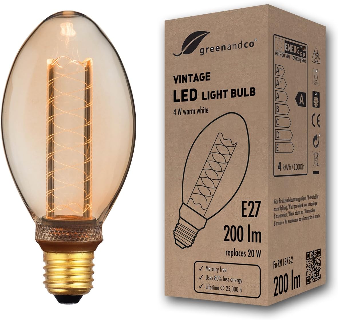 greenandco Vintage Design LED Bulb for Mood Lighting | E27 B75 | Amber | 4W 200lm | 1800K Extra Warm White | 320° | 230V | Flicker-Free | Non-dimmable | Edison Bulb
