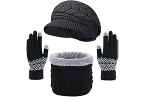 CheChury Cappello Sciarpa e Guanti Touch Screen Donna Invernali Berretto in Maglia con Sciarpa Beanie Con pompon Collo della Ciarpa 3 Pezzi per Donna Infinity Scaldacollo Morbido Tessuto