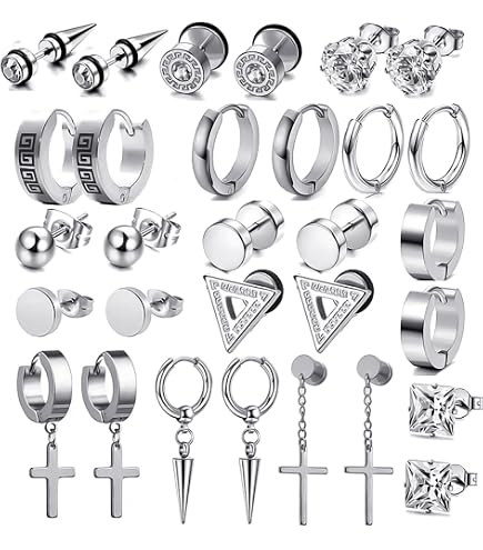 11 Paires Boucles D'Oreilles Homme Acier Inoxydable - Créoles Croix Zircon - JeweBella