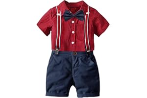 Happy Cherry - Traje de Ceremonia Fiesta Bebé Verano Ropa de Niño Ropa de Bautizo Caballero Conjuntos de Boda Algodón Niños Infantil Pantalones Cortos+Corbata+Camisa - 5-6 Años