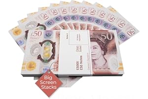 Big Screen Stacks | x100 £50 Fake Prop Money Notes | £5,000 stack (2021 Edition) | Extra Bank Strap - Perfect for Movies, Youtube, Social Media, Play, Education, Casino game, Photo Booth