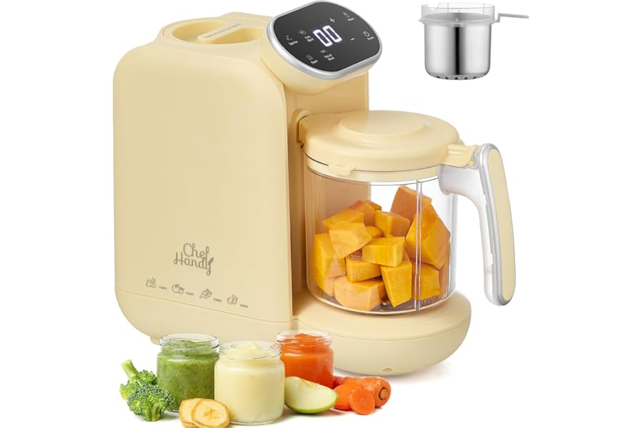 Chefhandy Baby Food Maker, 5 in 1 Baby Food Processor with Stainless Steel Steam Basket, Food Puree Maker with Steamer, Blender, Bottle Warmer Function, Auto Cooking & Grinding, Touchscreen (Yellow)