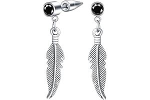 MicVivien Feather Dangle Earrings for Men Women Stainless Steel Round CZ Screw Studs with Drop Feather Earrings Piercing Jewellery 16 Guage