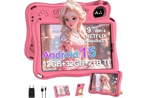 SUAAT Tablet per bambini Android 15, schermo da 9 pollici, 12+32 GB (2 TB TF), WiFi 5G, iWAWA, Widevine L1, GMS, 5+8 MP,Assistant AI,5000 mAh, controllo parentale, con custodia protettiva Eva– Pink