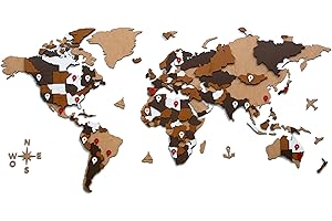 CONTRAXT Mappamondo vintage adesivo parete legno. Quadro cartine mappa mondo planisfero adesivo puzzle mappamondo cartina legno parete grande gigante 3d Wooden travel world wall map