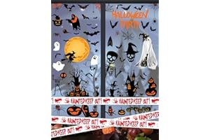 Wohohoho 141PCS Halloween Window Clings, 10 Sheets Scream Stickers with 5M Caution Tape, Vintage Halloween Wall Decals Decor, Ghost Skeleton Witch Castle Tree Cat Designs Treat or Trick Party Favors