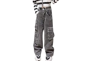 Happy Cherry - Girls Denim Pants Kids Wide-Leg Ripped Baggy Jeans Elastic High Waist Trousers Loose Casual Cargo Pants Y2K Vintage Retro Straight Jeans Street Wear with Pockets Age 5-15 Years