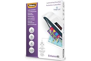 Fellowes Pochette Plastifieuse A5 80 microns Format A5 Pack De 100 Feuilles Plastifieuse A5 Finition Brillante Technologie ImageLast Aspect Haute Qualité Pour Photos Et Affiches Enhance 80