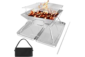 VONLUX Braciere pieghevole portatile con braciere, set da campeggio pieghevole con scatola di ferro e borsa per il trasporto, griglia pieghevole in acciaio inox per barbecue, picnic, patio