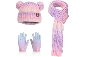 AYPOW Kinder 3 in 1 Winter Pompom Mütze Loop Schal Touchscreen Handschuhe Set für 4-10 Jahre,Thermal Liner Gradient Beanie Hut Schlauchschal Fäustlinge,Strickmütze Mädchen Jungen Outdoor Aktivitäten