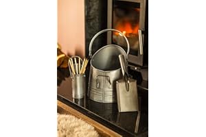 MARCO PAUL INTERIORS Marco Paul Robuster Kaminkohleeimer Schaufel und Streichholz-Aufbewahrungsbox, Kamin, Asche, Eimer, Holzbrenner, Brennstoff, Metallgrube, Kohle, Aufbewahrungsbehälter, silberfarbener Metallbehälter,