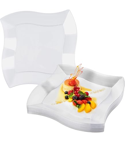 MATANA 20 Witte Vierkante Plastic Borden met Zilveren Rand (24cm), Feestbordjes voor Bruiloften, Verjaardagen, Dopen, Kerstmis & Feesten - Stevig en Herbruikbaar