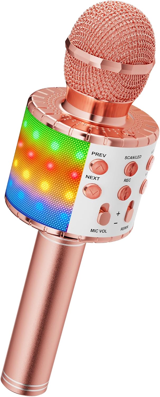 Ankuka Micrófono Karaoke Bluetooth Micrófono Inalámbrico para Niña con Luces LED Regalo Juguetes para Niños, Cambiador de Voz, Compatible con Android, iOS, PC Oro Rosa