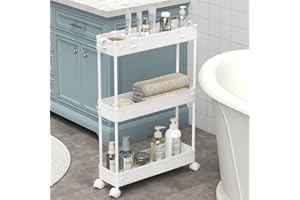 SPACELEAD SAKA Chariot de Rangement Fin à 3 Niveaux pour Salle de Bain – Chariot de Rangement Coulissant – Étagère Mobile pour Bureau, Salle de Bain, Cuisine, buanderie – Endroits étroits – Blanc