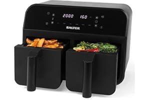 Salter EK4750BLK Dual Air Fryer - XL Family 7.4L Non-Stick Basket, Easy Clean 2 Frying Drawers for Independent Cooking, 6 Cooking Pre-Sets, Sync & Match Function, Digital LED Touch Display, 2400W,