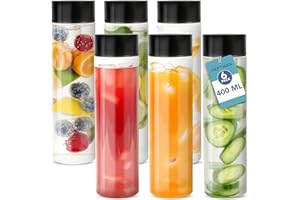 HEFTMAN Plastikowe butelki na soki z pokrywkami - 6 szt. 400ml przezroczyste puste butelki sensoryczne z czarnymi śrubowanymi nakrętkami, bezpieczne dla żywności PET, idealne na napoje na wynos, wodę