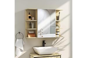 HOMCOM Armario de Baño con Espejo Armario de Pared Mueble de Baño Colgar con Puerta Estantes Abiertos 80x20x59 cm Natural