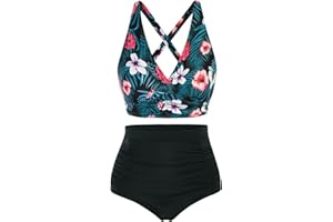 Hanna Nikole Damski zestaw bikini z wysokim stanem, marszczony strój kąpielowy push-up, kontrola brzucha, dwuczęściowy strój kąpielowy