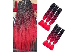 SHANGXIU Braids Extensions rot Kunsthaar zum Einflechten Haar 6 Stück 600g Braiding Hair Haarverlängerungen 60cm Ombre Synthetik Zöpfe Afro Hair für Box Crochet Braids(Schwarz - Weinrot - Rot)