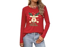 Wayleb T-Shirts de Noël pour Femme Manches Longues Col Rond Haut Tunique Tops Coton avec Motif de Noël S-3XL